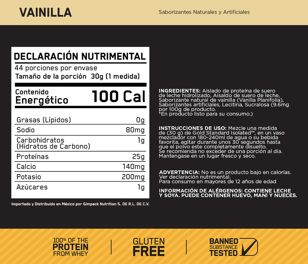 ON Gold Standard 100% ISOLATE Sabor Vainilla 1.32KG